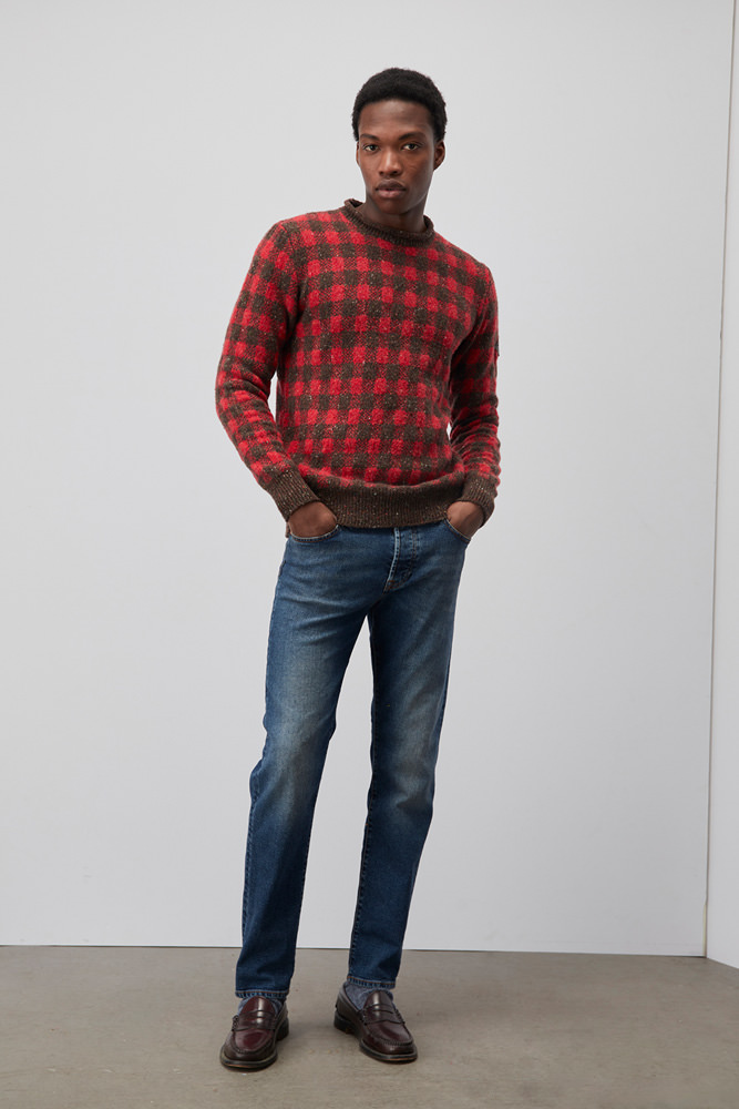 CREW NECK SWEATER IN CHECK PRINT TEXTURED YARN