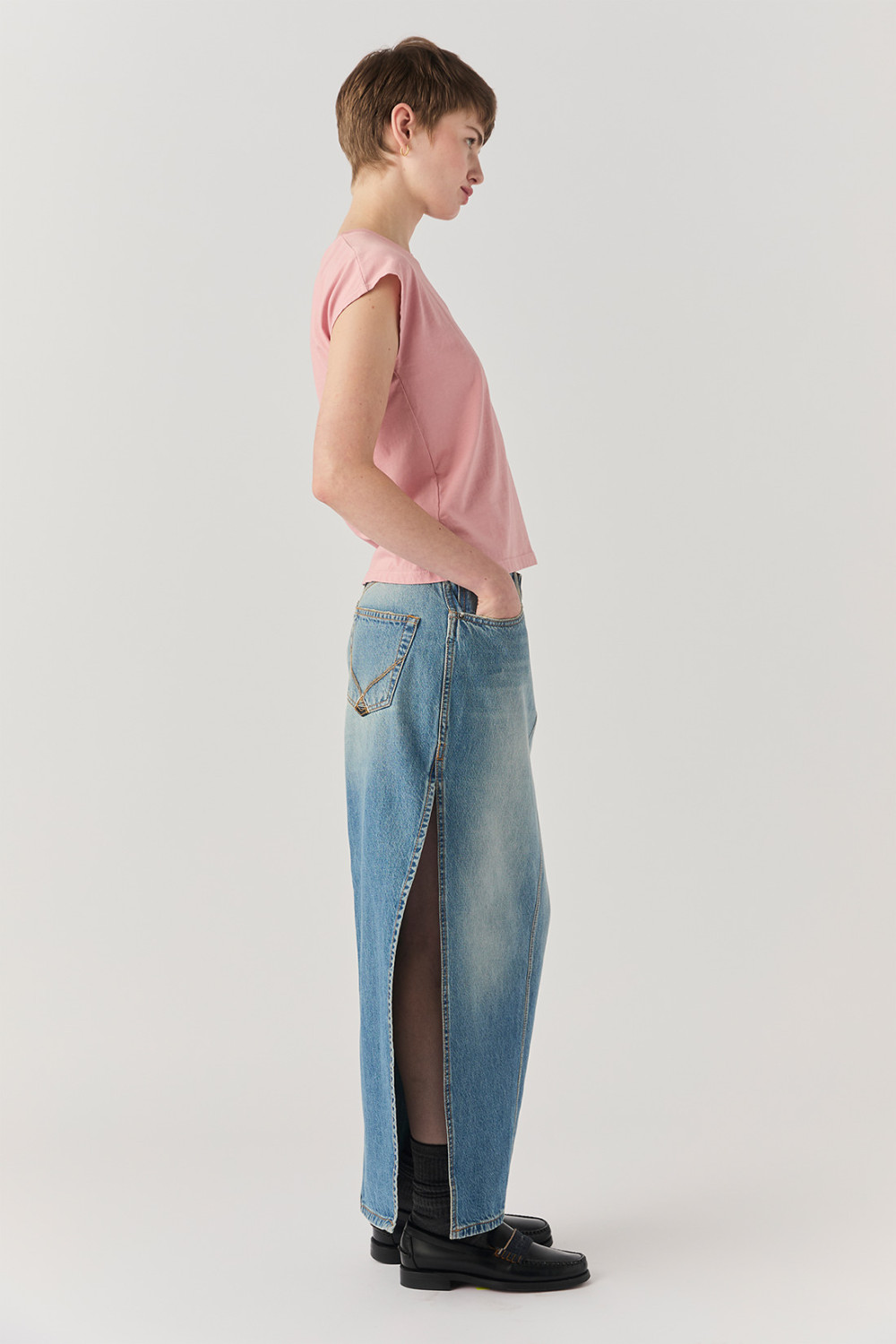 ROY ROGERS: SPLIT SKIRT IN VINTAGE WASH DENIM