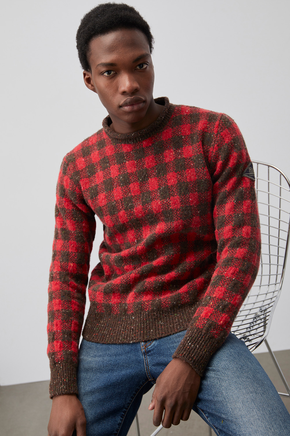 ROY ROGERS: CREW NECK SWEATER IN CHECK PRINT TEXTURED YARN