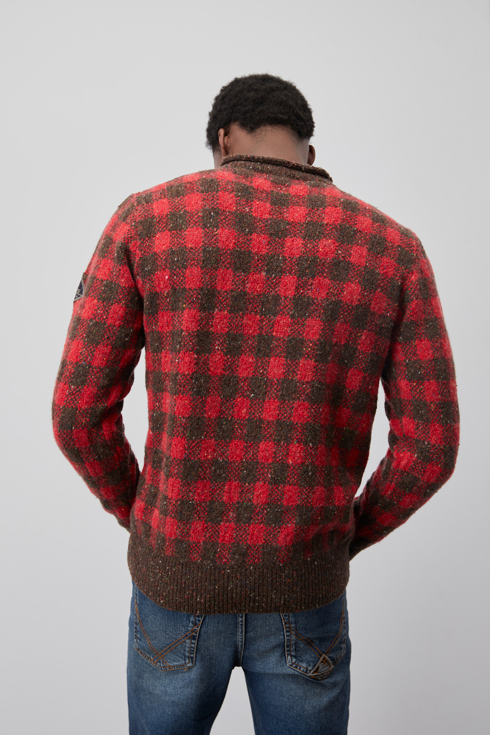 ROY ROGERS: CREW NECK SWEATER IN CHECK PRINT TEXTURED YARN